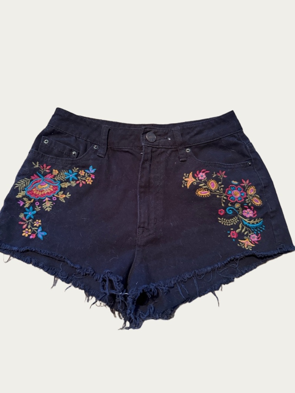 BDG Black Denim Shorts with Colorful Floral Embroidery